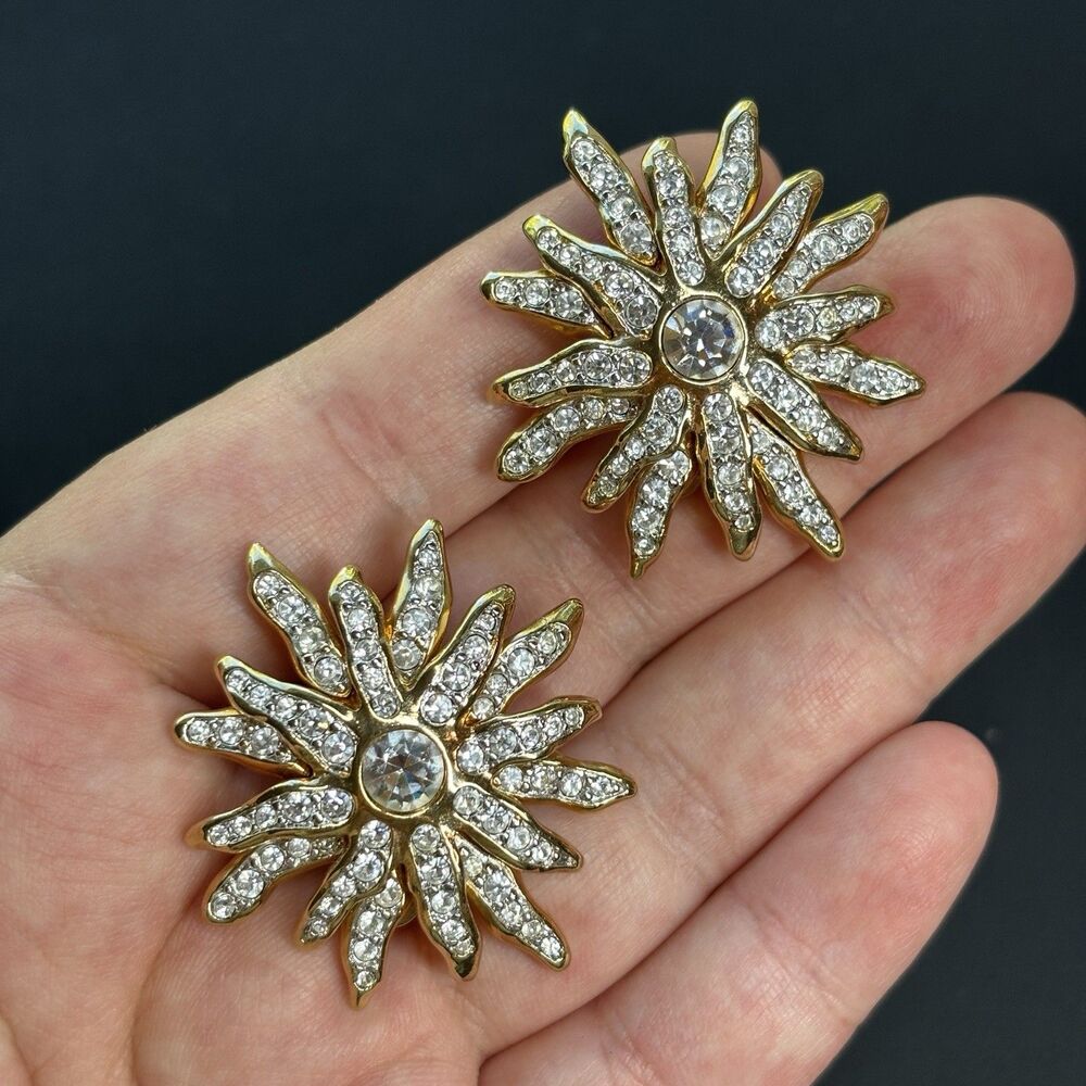 Swarovski Swan Signed Gold Tone Crystal Sunburst Clip On Earrings Vintage